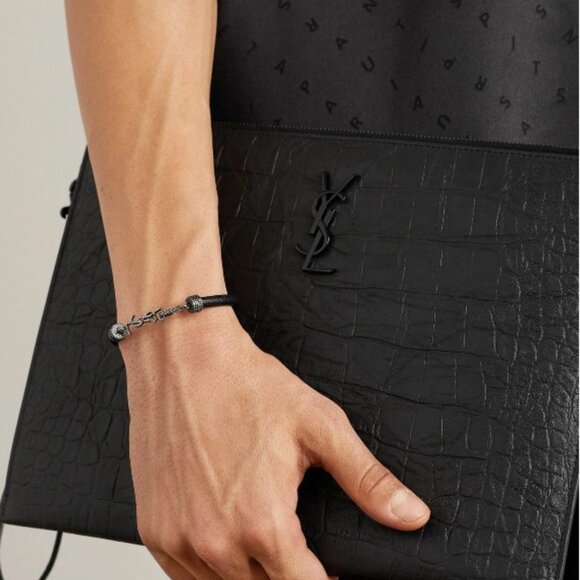 Saint Laurent Black Logo Textured-Leather and Silver-Tone Bracelet - Picture 3 of 3